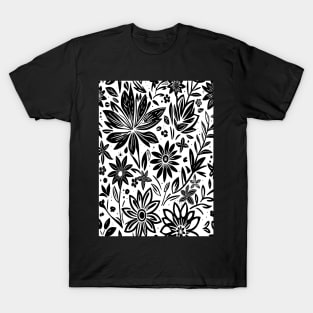 White and Black Floral Lino Print T-Shirt